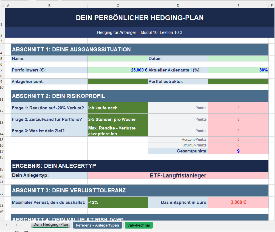 Hedging-Template Screenshot — automatisch berechnetes Risiko- und Anlegerprofil